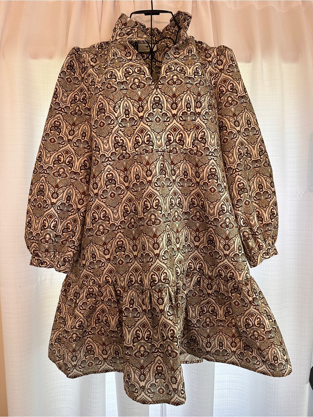 Tuckernuck Brown and Cream Paisley Ruffle Collar Long-sleeved Dress